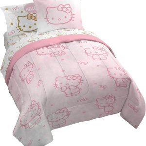 Jay Franco Hello Kitty Queen Comforter Set - 7 Piece Bedding Includes Sheet Set & Pillow Covers - Super Soft Pink Bedding