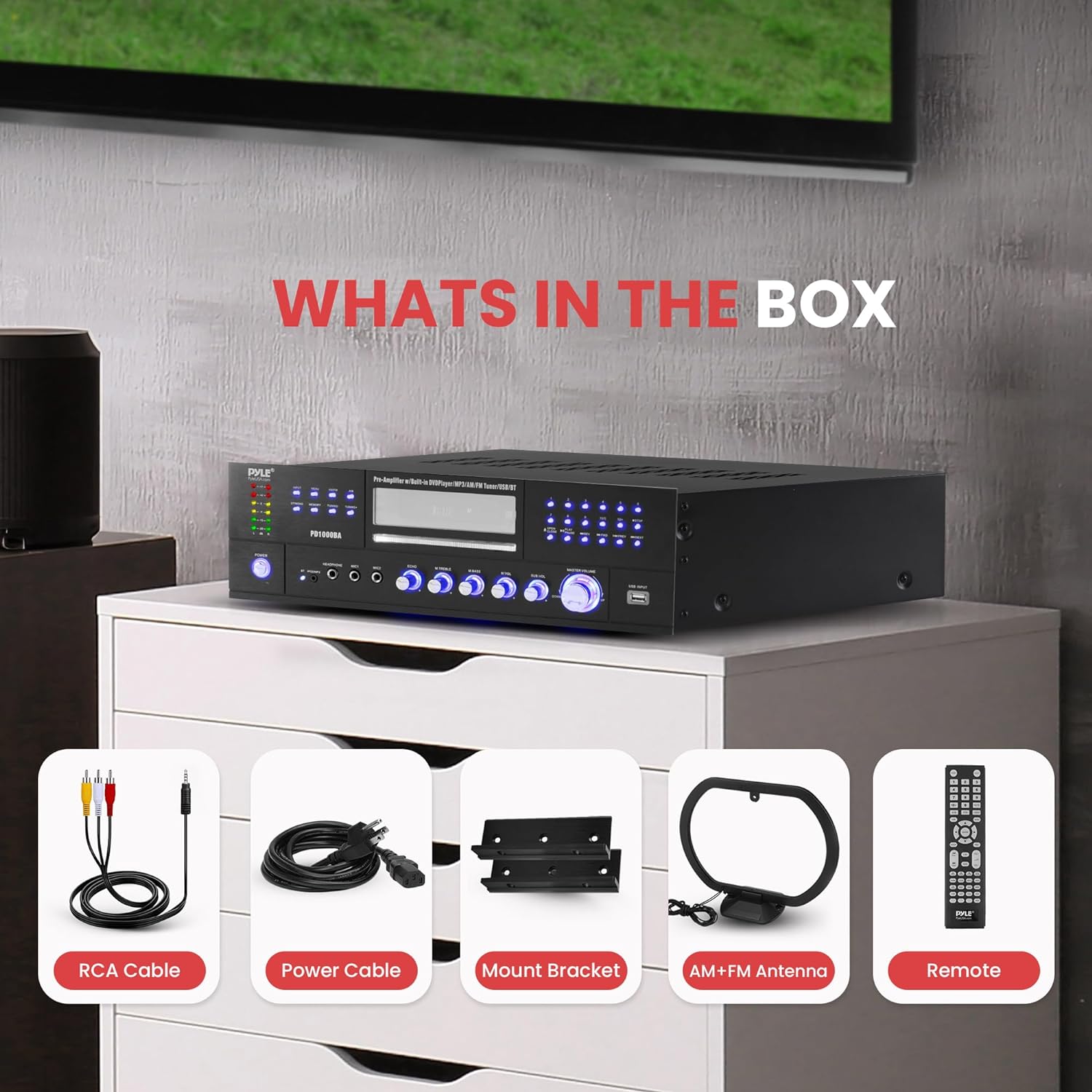 Pyle 4-Channel Wireless Bluetooth Power Amplifier - 1000W Stereo Speaker Home Audio Receiver w/ FM Radio, USB, Headphone, 2 Microphone w/ Echo, Front Loading CD DVD Player, LED, Rack Mount - PD1000BA - Image 7