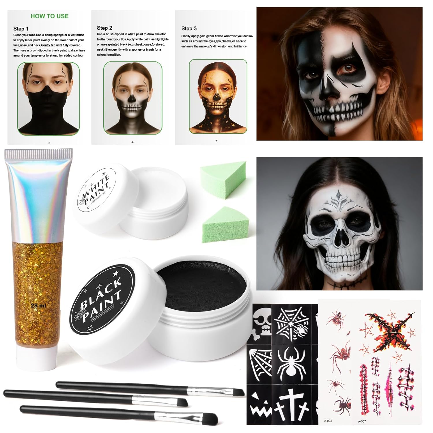 Halloween Glam Skeleton Makeup Kit - Lictin Complete Skeleton/Skull Face Paint with Gold Glitter Gel, Professional Skull SFX Make Up Kit for Halloween, Costume, Cosplay, Carnivals for Adults & Kids