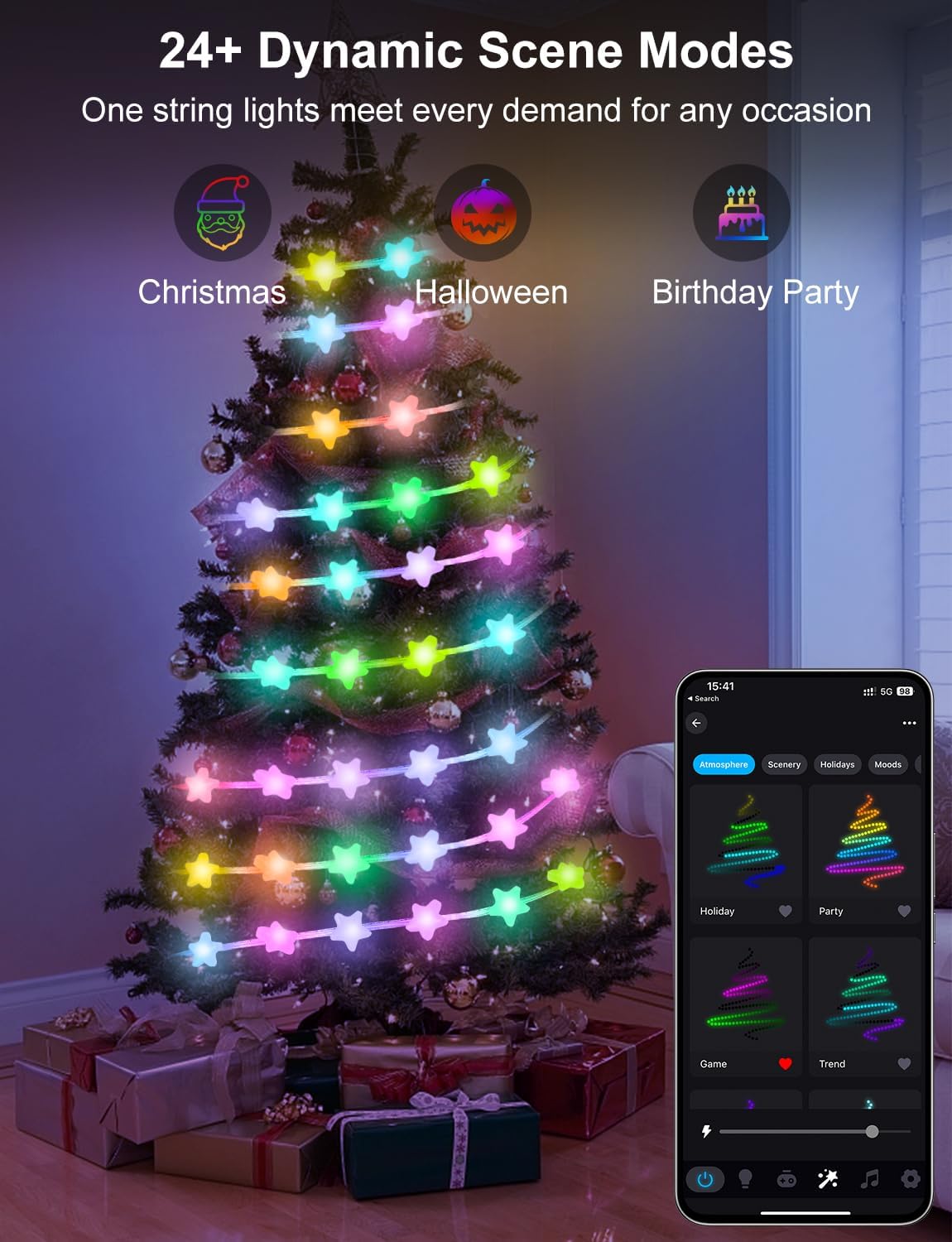 Smart Star String Lights Plug in, 33Ft 16 Million Color Changing Fairy Lights RGB Built in Chip APP & Remote Control DIY Music Sync Twinkle Light for Bedroom Halloween Decoration - Image 6