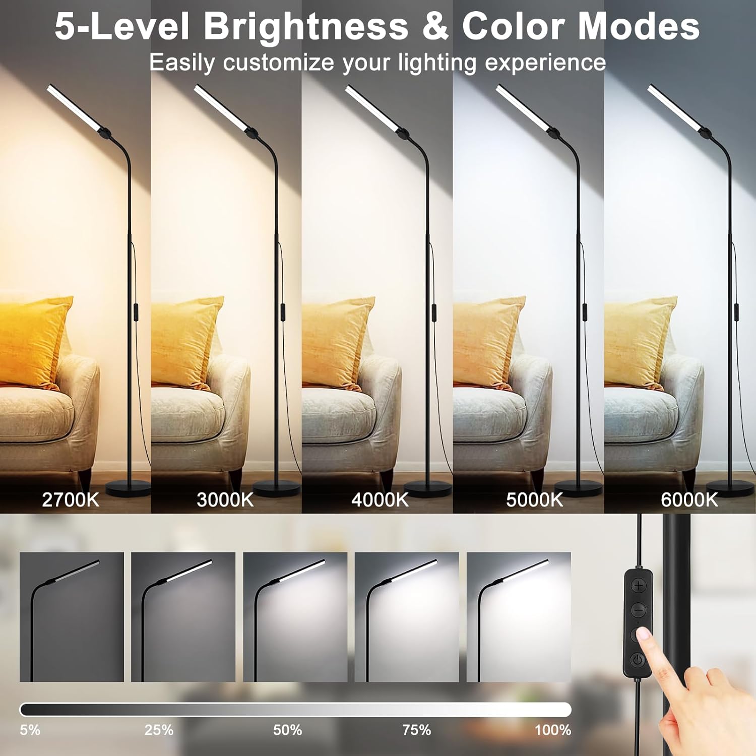 LED Floor Lamp, 15W/1800LM Bright Reading Floor Lamp for Office with Double Head, Adjustable Gooseneck Dimmable Modern Standing Light for Lash Extension Craft, Eye Caring Floor Lamps for Living Room - Image 3