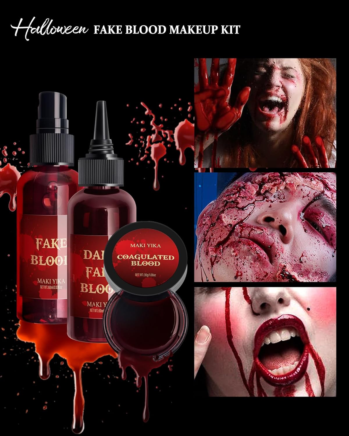 Halloween Fake Blood Spray 2.03oz + Dripping Blood 2.03oz+Coagulated Blood 1.06oz Washable Realistic Fake Blood for Clothes Sfx Special Effects Makeup Kit for Vampire Zombie (3Red)