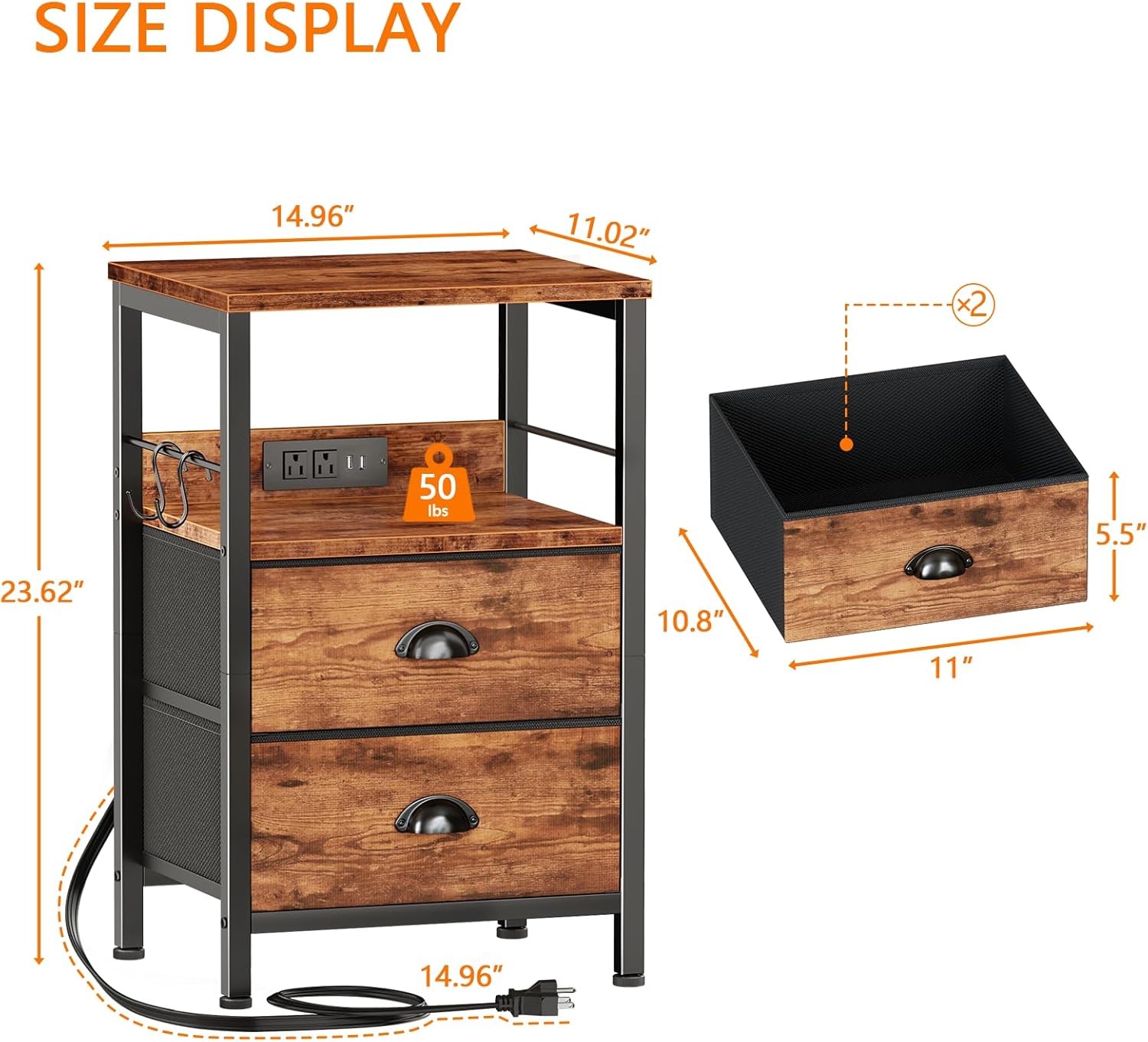 Furologee End Table with Charging Station, Nightstand with Fabric Drawers, Side Table with USB Ports & Outlets, Night Stand with Storage Shelf & Hooks, for Living Room/Bedroom, Rustic Brown - Image 3