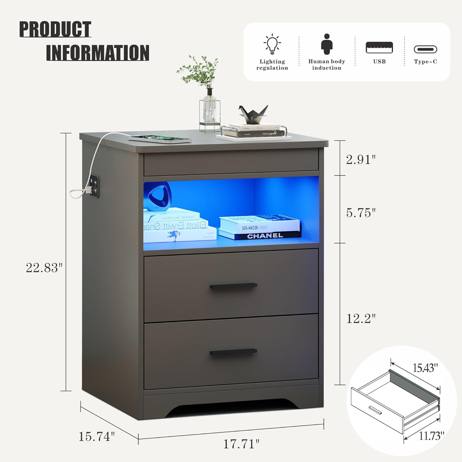 Nightstand with Gun Drawer, Charging Bedside Table with USB & Type-C Port, LED Night Stand with Human Sensor Light, Modern End Table with Drawers for Bedroom Office, Grey - Image 2