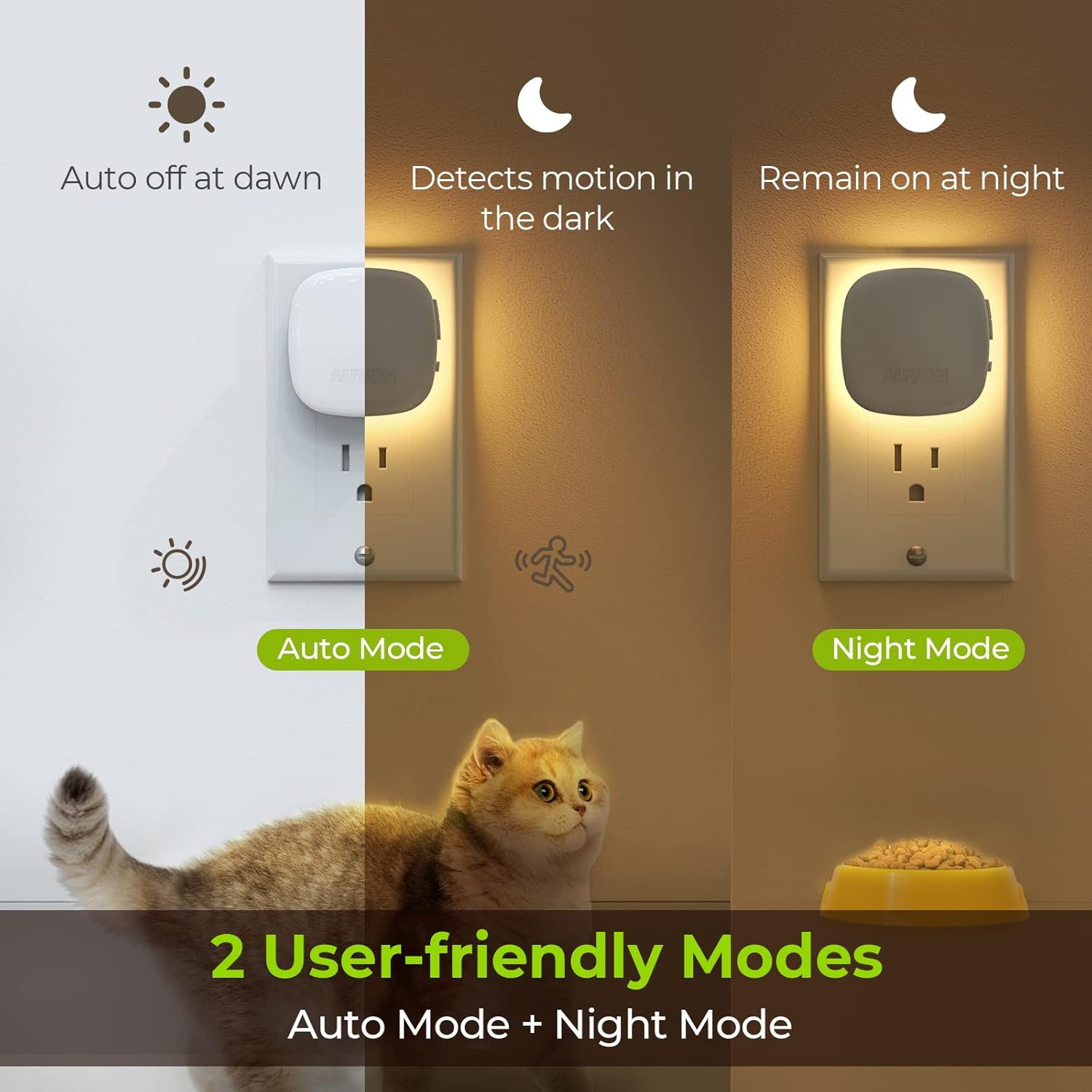 AUVON Plug-in LED Backlit Night Light with Motion Sensor & Dusk to Dawn Sensor, Dimmable Warm White Nightlight with 1-50 lm Adjustable Brightness for Bedroom, Bathroom, Stairs, Hallway (4 Pack) - Image 3