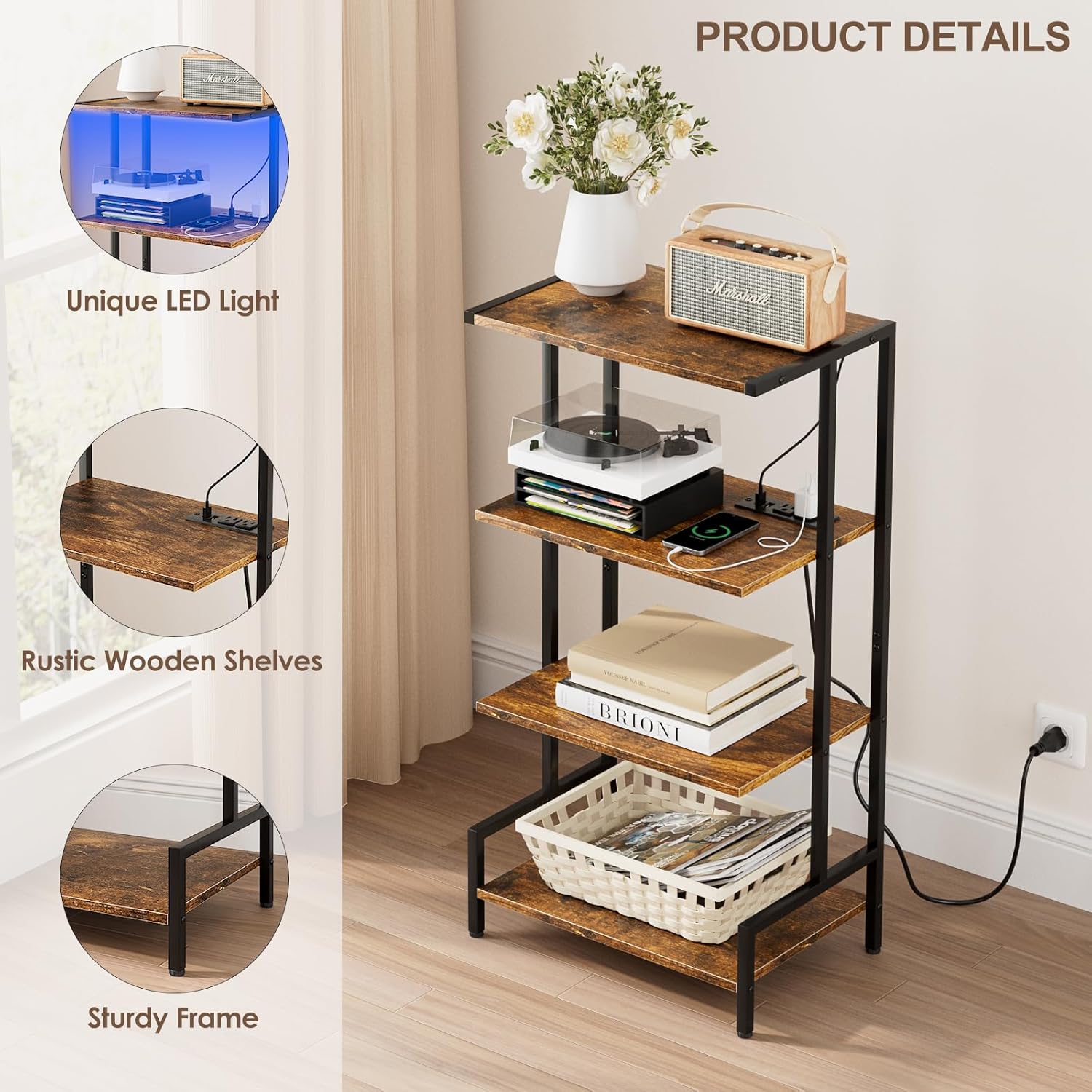 4-Tier AV Media Stand with Power Outlet and LED Lights,Wooden Stereo Stand Cabinet,Game Console Shelf for Small Space,Audio Rack Stand Tower Ideal for Video DVD Players,Xbox - Image 4