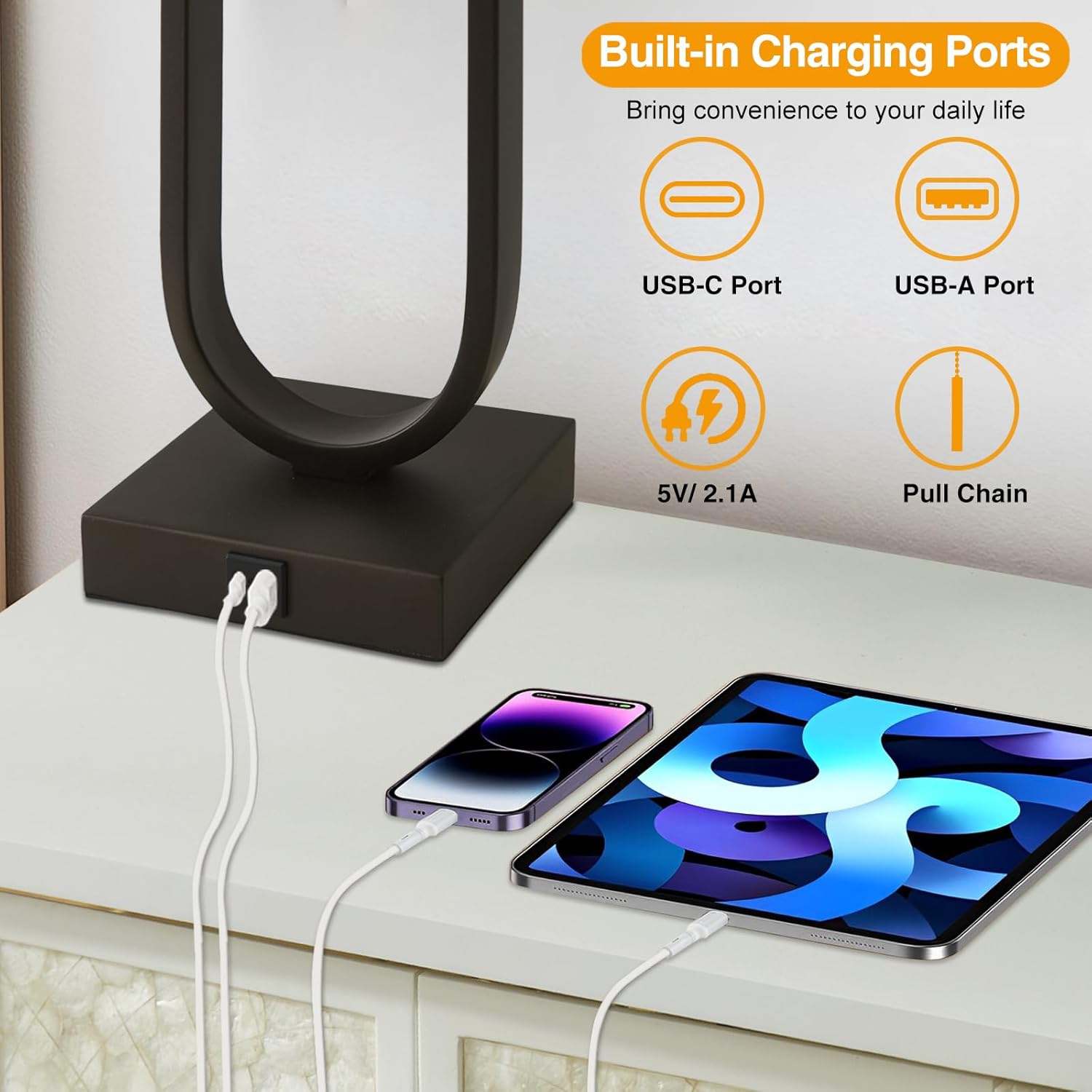 Luvkczc Bedside Lamps Set of 2, 24'' Tall Table Lamps for Night Stands with USB C+A Ports, 3000K LED Bulbs - Modern Desk Lamp for Bedroom, Living Room, Office, Beige Lampshade - Image 2