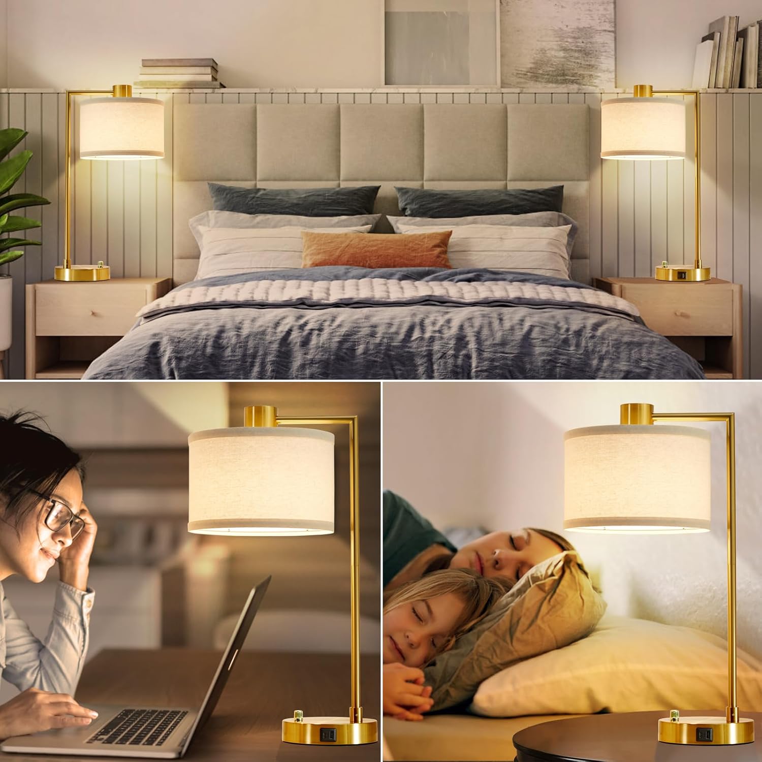 Luvkczc Table Lamp for Bedroom Set of 2 with USB C+A Ports, Fully Stepless Dimmable Bedside Lamp with Linen Lampshade, Nightstand Lamp for Living Room Reading Office, 2 LED Bulbs Included (Gold) - Image 6