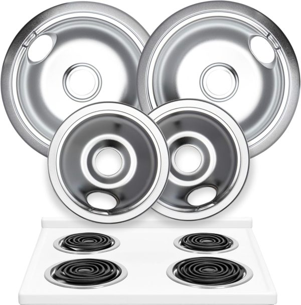 Electric Stove Drip Pans Set of 4 (2 x 6-Inch & 2 x 8-Inch) Replacement Chrome Drip Pans for Electric Stove Compatible with Frigidaire, Kenmore, Tappan & More - Stove Burner Drip Pan Replacements