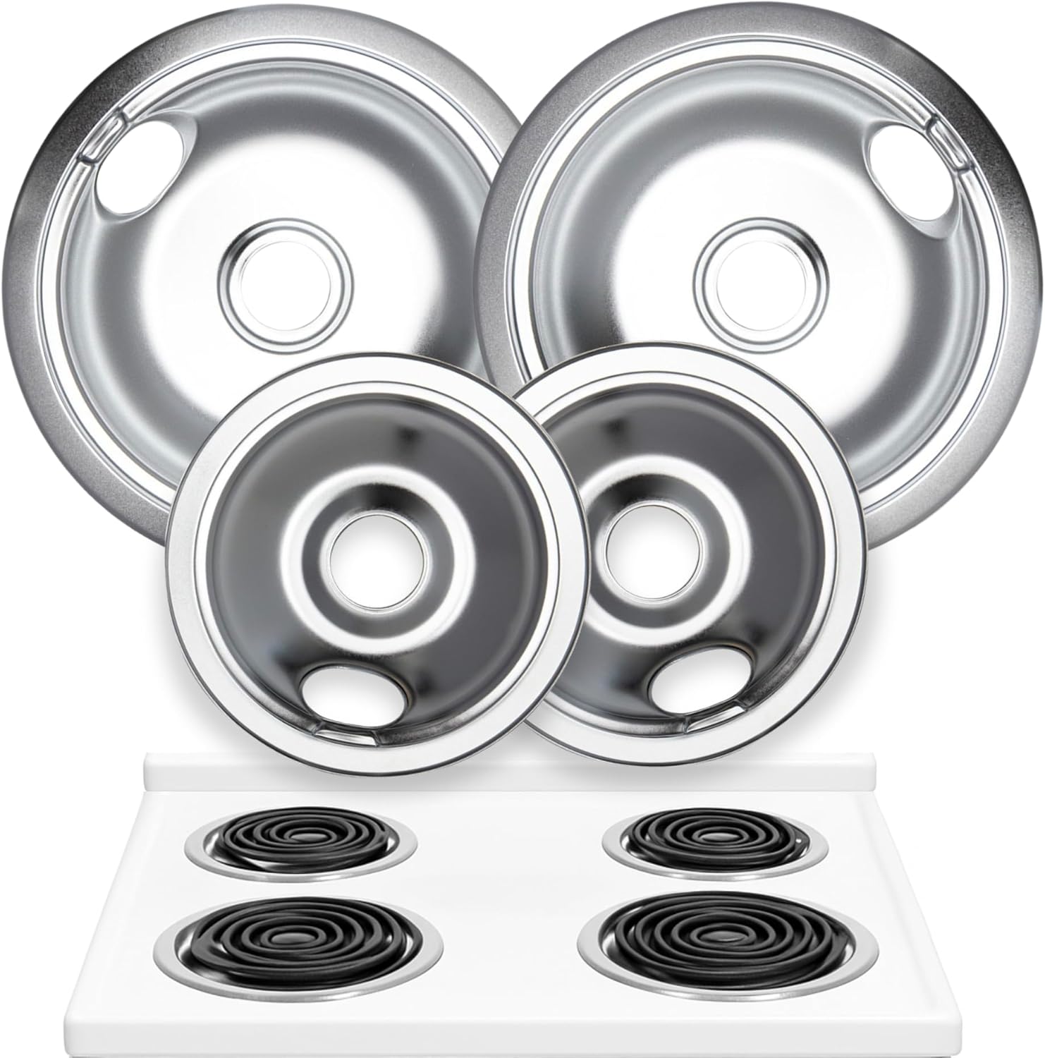Electric Stove Drip Pans Set of 4 (2 x 6-Inch & 2 x 8-Inch) Replacement Chrome Drip Pans for Electric Stove Compatible with Frigidaire, Kenmore, Tappan & More - Stove Burner Drip Pan Replacements