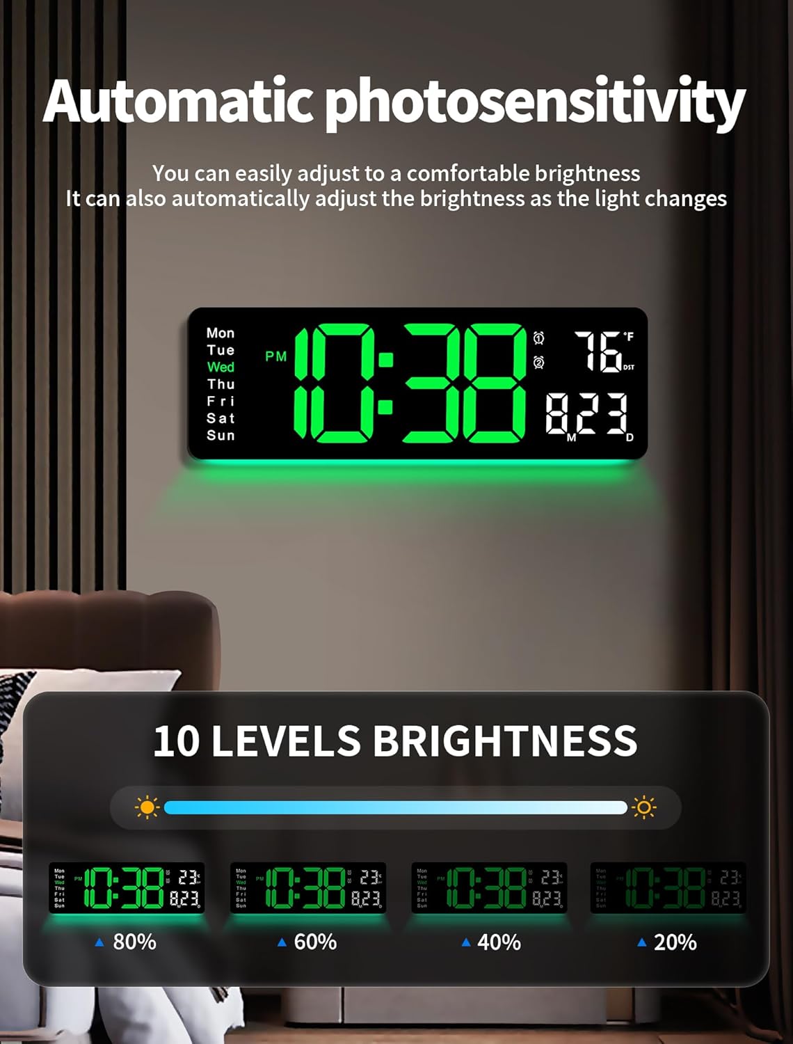 MASHI Digital Wall Clock, 16" Large Display Digital Clock with Remote Control, Auto-Dimming Wall Clock with Night Light, DST, Date Week,Temp for Living Room, Bedroom, Decor, Gift for Elderly - Image 4