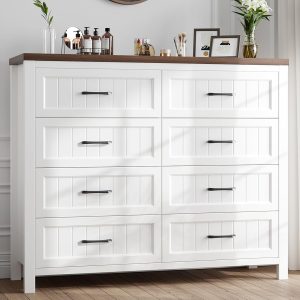 8 Drawer Dresser for Bedroom with Deep Drawers, Large Wooden Double Farmhouse Dresser Chest of Drawers for Living Room, Hallway, Entrywa — White & Brown