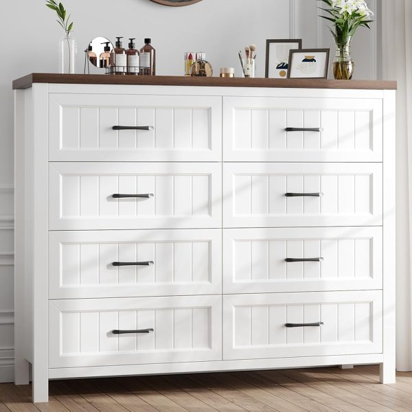 8 Drawer Dresser for Bedroom with Deep Drawers, Large Wooden Double Farmhouse Dresser Chest of Drawers for Living Room, Hallway, Entrywa — White & Brown