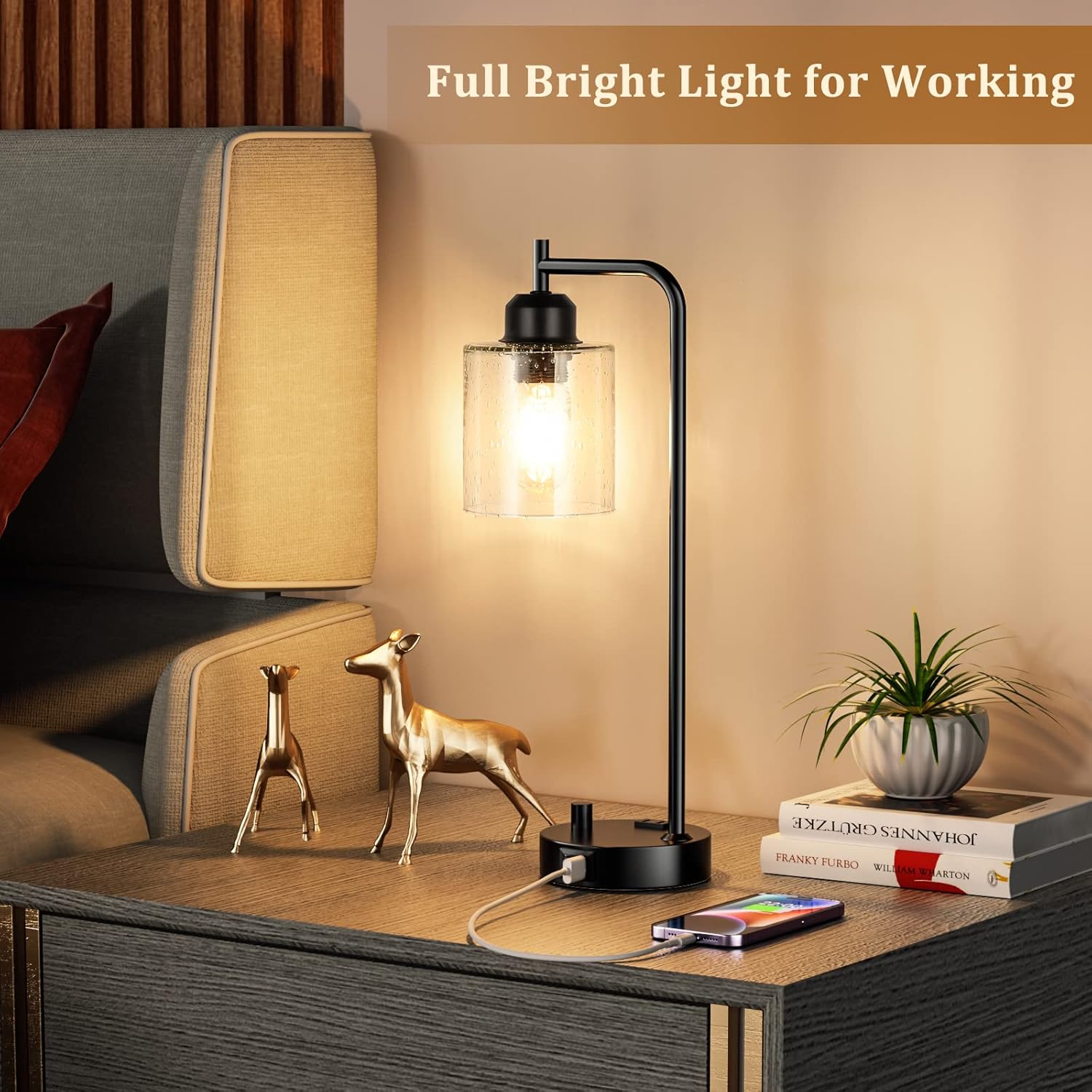Industrial Bedside Table Lamp for Bedroom - Nightstand Lamps with USB C Charging Port, Fully Dimmable Black Ports and Outlets, Small Desk Glass Shade Office Living Room - Image 5