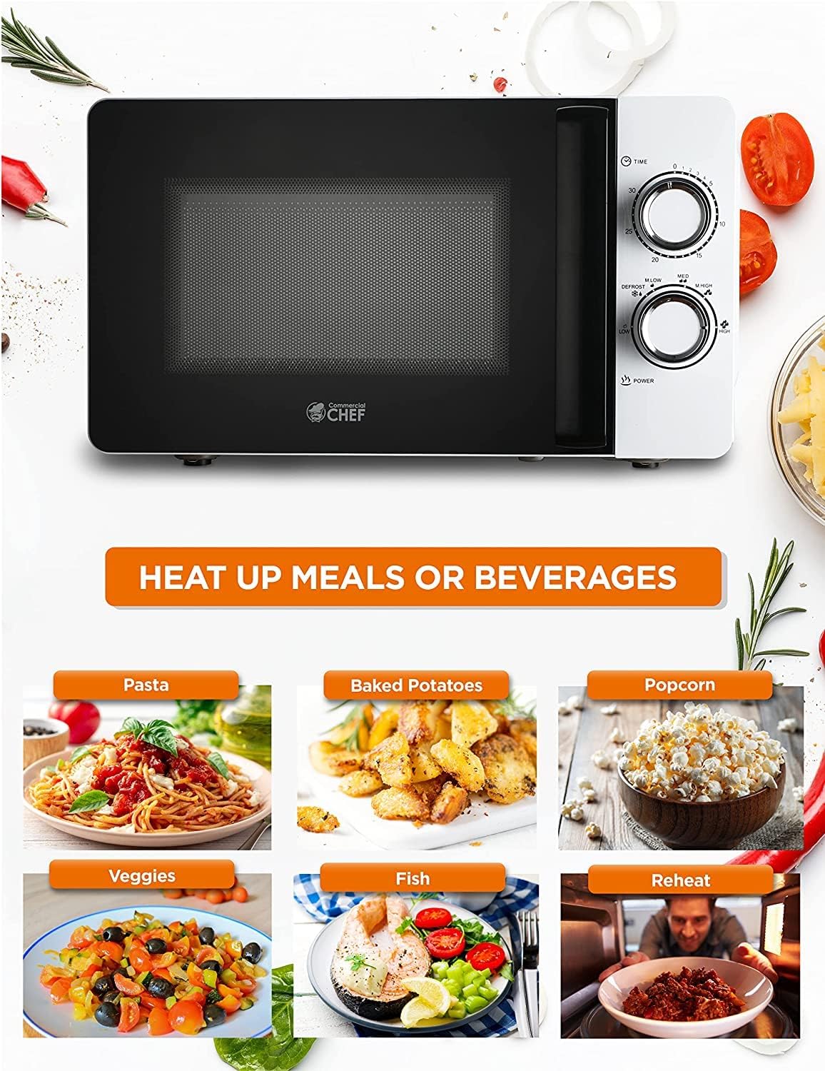 Commercial CHEF Small Microwave 0.7 Cu. Ft. Countertop Microwave with Mechanical Control, White Microwave with 6 Power Levels, Outstanding Portable Microwave with Convenient Pull Handle - Image 2