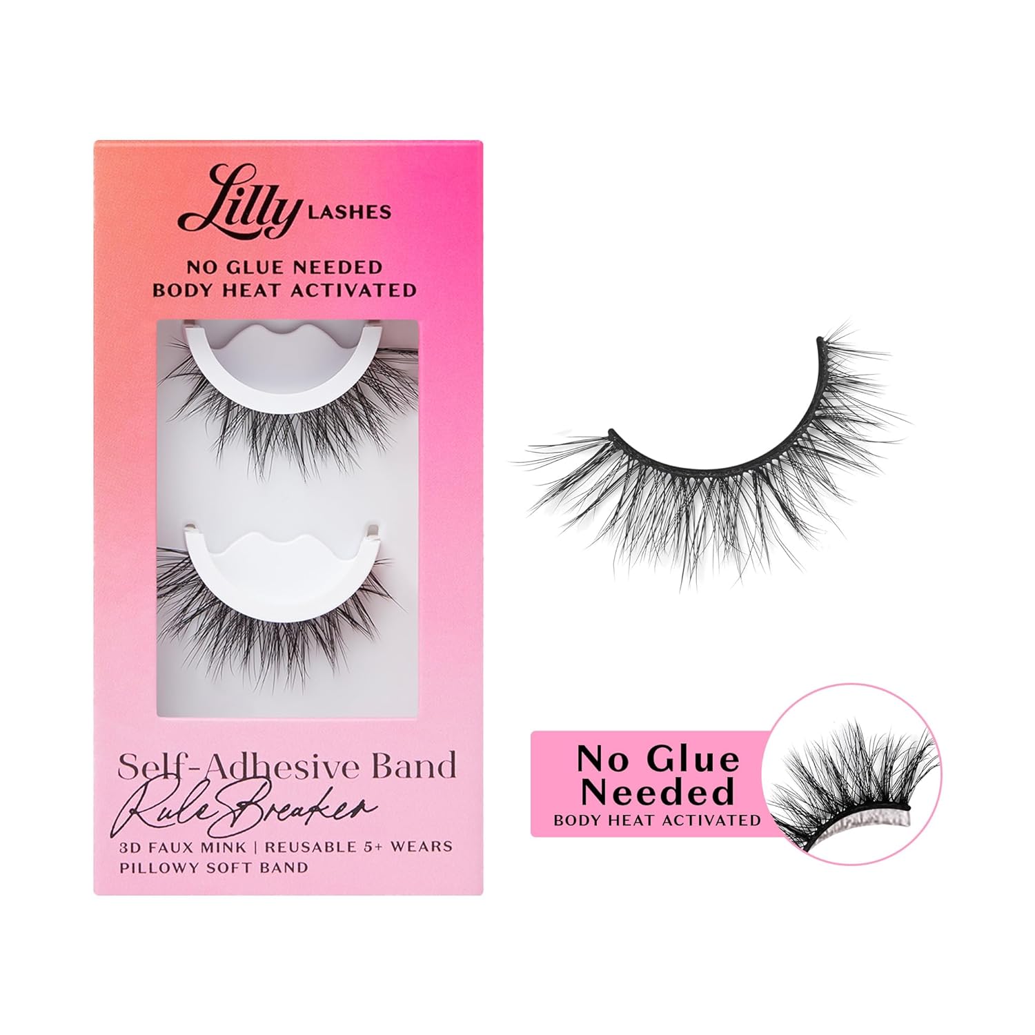 Lilly Lashes 3D Self Adhesive Eyelashes, No Lash Glue Needed, Body Heat Activated Press on Lashes, Reusable Self Adhesive Eyelashes Up to 5x, Easy to Apply & Remove (RuleBreaker)