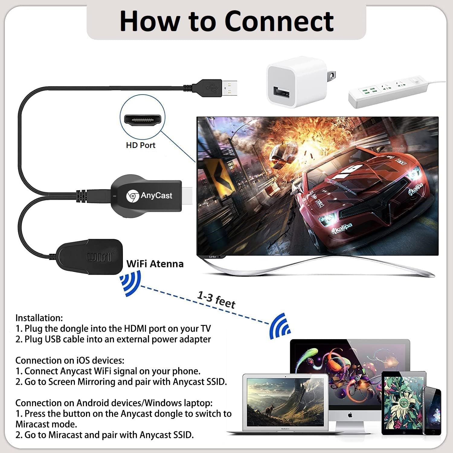 Anycast Wireless HD Display Adapter Receiver 1080P Screen Mirroring Streaming Media Dongle Compatible with iOS/Android/Windows/Mac to HDTV Monitor Projector - Image 5