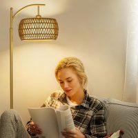 Arc Floor Lamp with 3 Color Temperatures, LED Gold Floor Lamp with Remote & Stepless Dimmable Bulb, Boho Standing Lamp with Rattan & Fabric Shades, Farmhouse Tall Lamp for Living Room Bedroom - Image 8