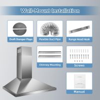 24 Inch Range Hood, Wall Mount Vent Hood in Stainless Steel with Ducted/Ductless Convertible Duct, 3 Speed Exhaust Fan, Energy Saving LED Light, Push Button Control, 2 Pcs Baffle Filters - Image 8