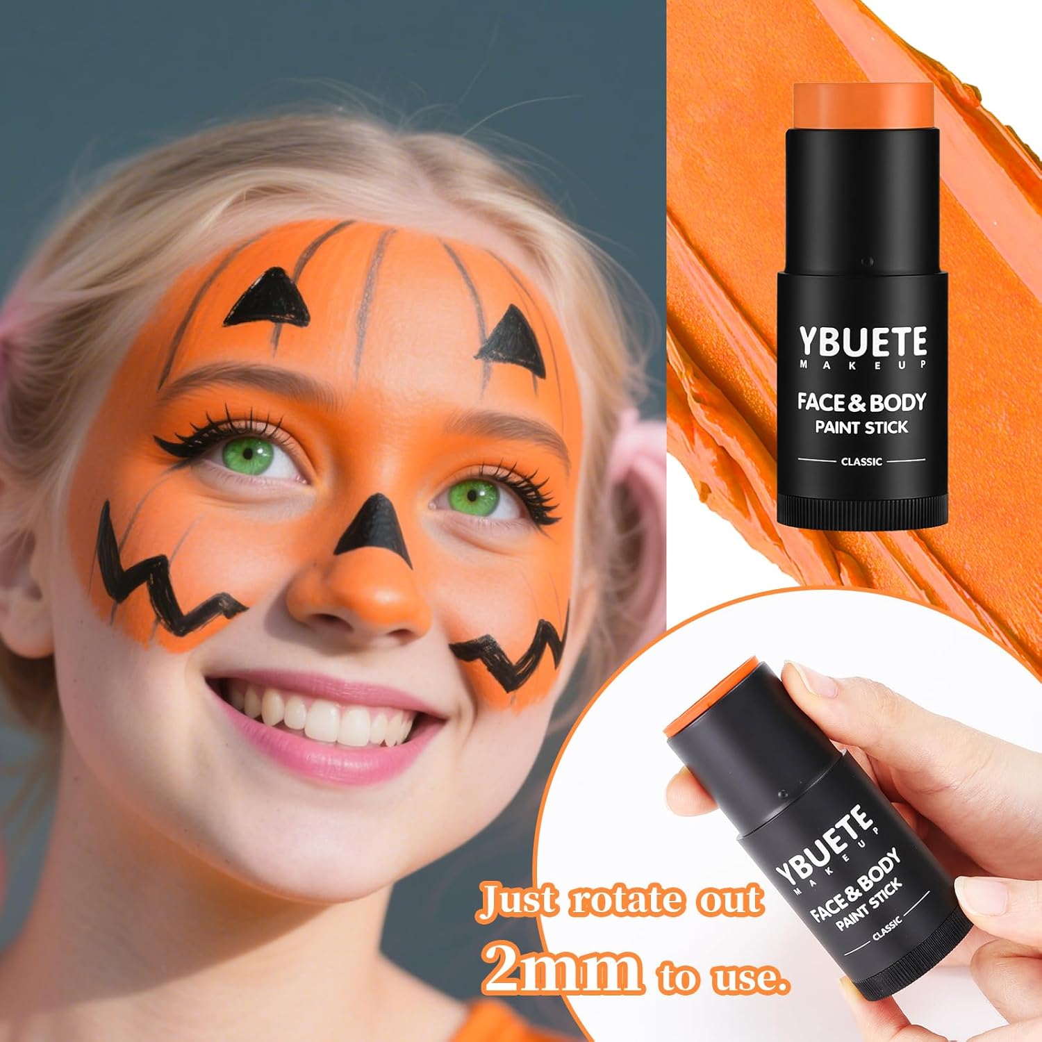 Orange Face Body Painting Stick,Professional Orange Full-coverage Cream Face Paint for Halloween SFX Tiger Pumpkin Clown Cosplay, Washable Eye Stick for Adult Festival & Theater Performance - Image 2