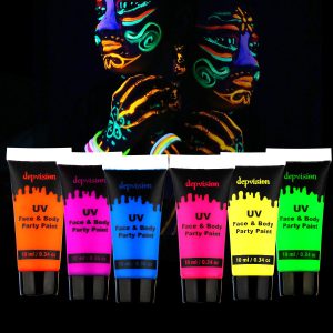 Depvision Glow in the Dark UV Face and Body Paint 6*10ml Neon Blacklight 0.34oz Reactive Fluorescent for Christmas Halloween Party Non-toxic
