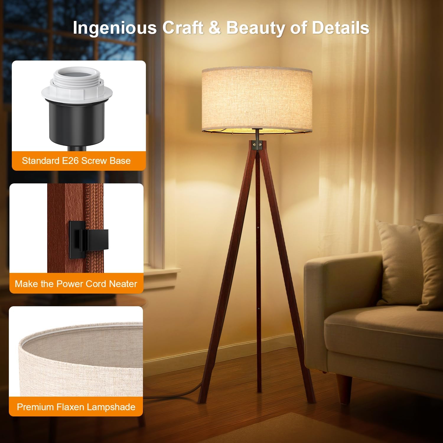 LEPOWER Wood Tripod Floor Lamp, Mid Century Standing Lamp, Modern Design Studying Light for Living Room, Bedroom, Study Room and Office, Flaxen Linen Shade with E26 Base Brown - Image 3