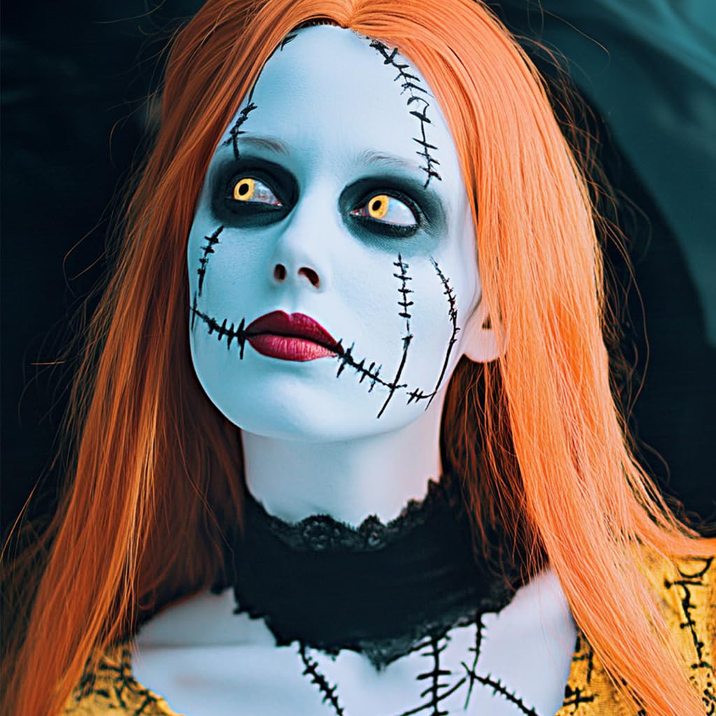 4 Pcs Sally Makeup Kit,Corpse Bride SFX Halloween Baby Blue ,Water Activated Face Paint Makeup Kit,Sally Face Costume Women Cosplay,Light Blue Body Paint+Eyeliner+Lipstick+Sponge - Image 7