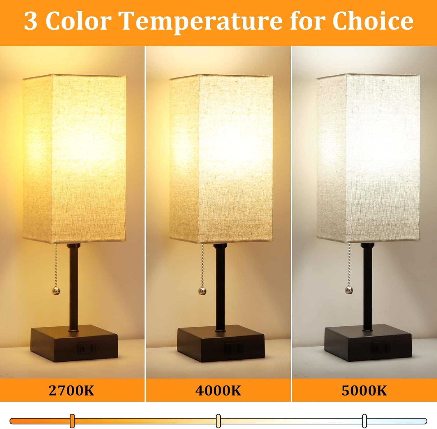 15'' Table Lamp for Bedroom set of 2,3-Color Bedside Lamps with Pull Chain Table Lamps for Night stands with AC Outlet,Small Night Light Lamps with 2 Bulbs Lamps for Living Room Kids Room Office Decor - Image 2
