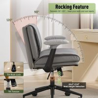Criss Cross Chair with Flip-Up Armrests Leather, Cross Legged Office Chair on Wheels, Comfy Swivel Chair with Wide Seat for Home Office, Vanity, Accent, Ergonomic Desk Chair Adjustable, Grey - Image 3