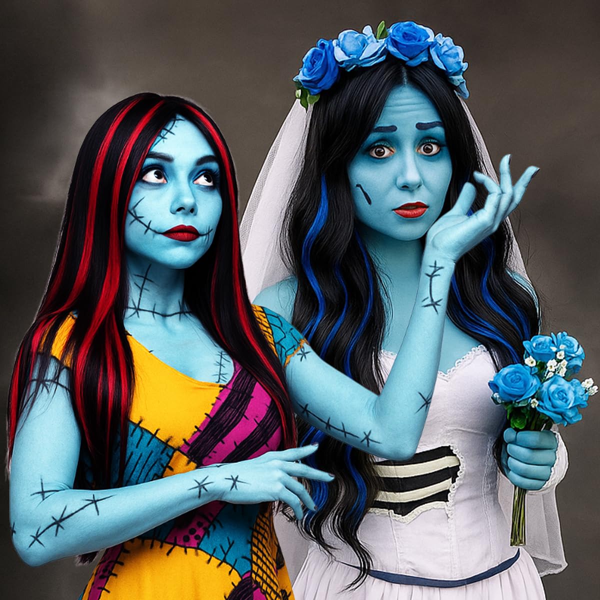 Mysense Sally Makeup Kit,Halloween Sally Costume Corpse Bride Makeup,Sally Face Cosplay Accessories for Women Girls Kids,Light Blue Face Paint+Red Lipstick+Black Liquid Eyeliner+Sponges - Image 2