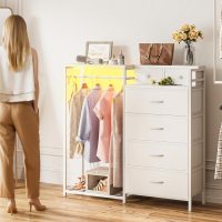 KKL 43" W White Dresser for Bedroom with Hanging Rack, Reversible 6 Drawers Dresser with Led Lights & Charging Station, Fabric Closet Dressers & Chest of Drawers with Clothes Rack for Girls, Kids - Image 8