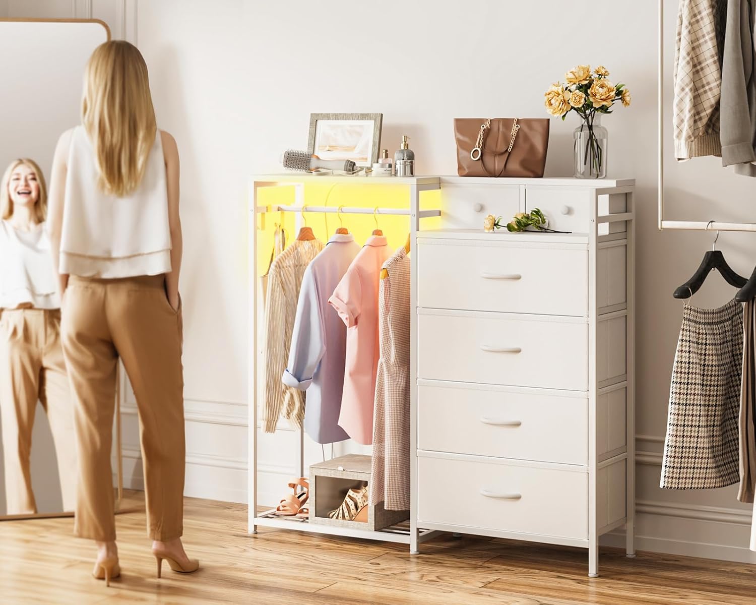 KKL 43" W White Dresser for Bedroom with Hanging Rack, Reversible 6 Drawers Dresser with Led Lights & Charging Station, Fabric Closet Dressers & Chest of Drawers with Clothes Rack for Girls, Kids - Image 8