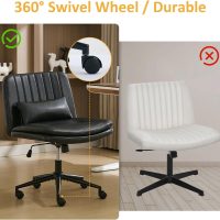 Criss Cross Chair with Wheels, PU Leather Armless Cross Legged Office Desk Chair, Adjustable Swivel Computer Task Vanity Chair with Lumbar Pillow for Home Office, Small Spaces (Black) - Image 8