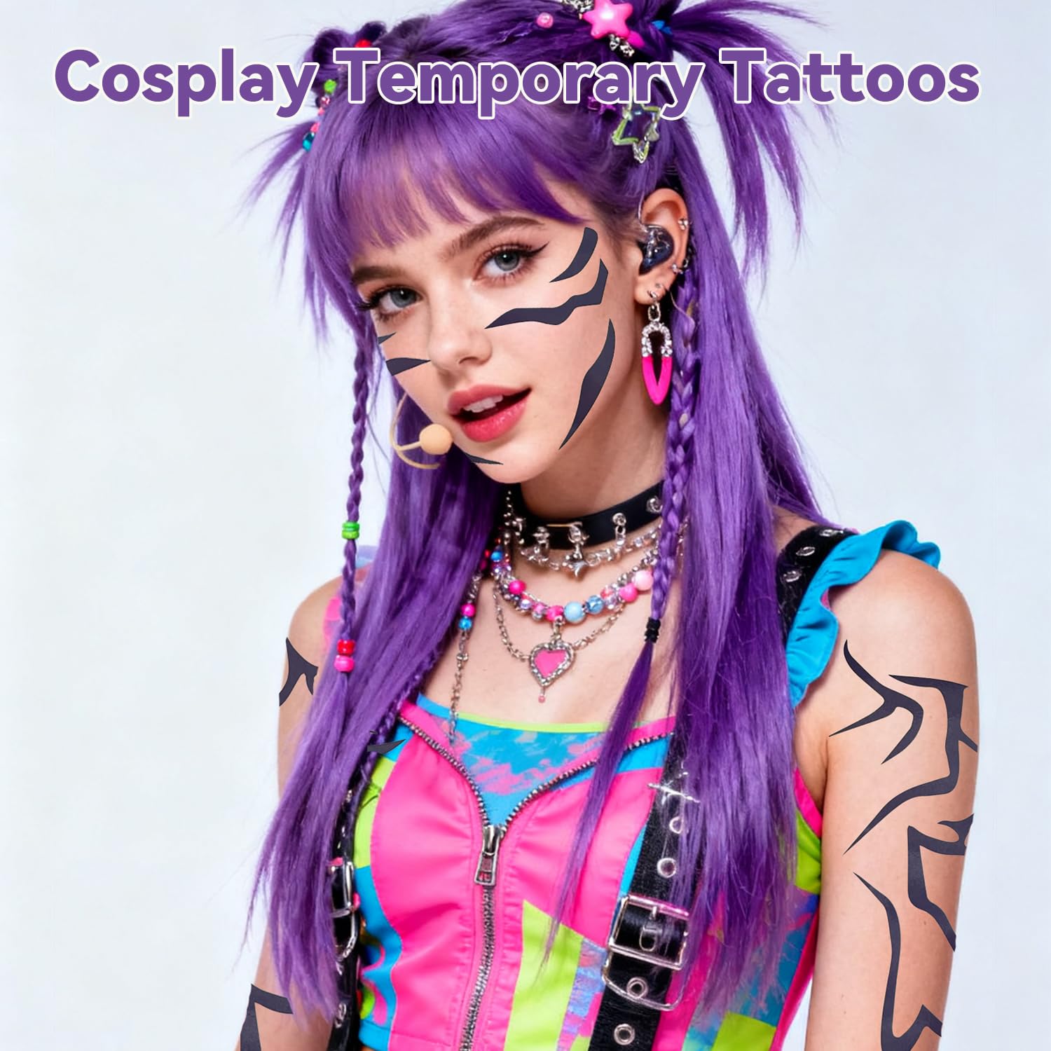 Movie Anime Purple Temporary Tattoos Dance Cosplay, 4pcs Halloween Cosplay Tattoos Stickers Prop Accessories, Water Transfer(Purple)