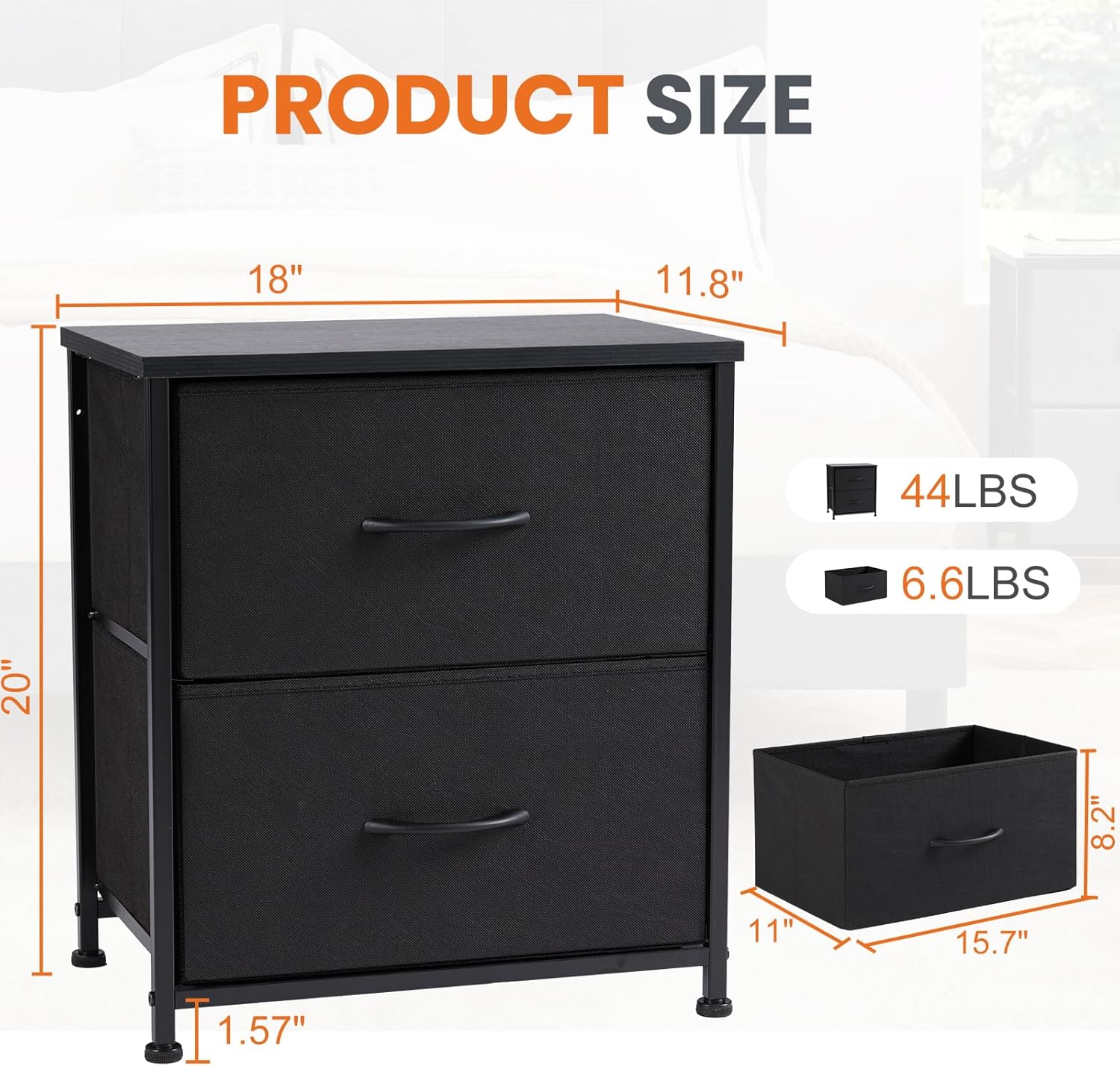 Sweetcrispy Nightstand Set of 2 with 2 Storage Drawers, 20" Height Small Bed Side Furniture End Table, Wooden Top Fabric Cabinet Kids Mini Dresser for Bedroom, Closet, Entryway, College Dorm - Image 3