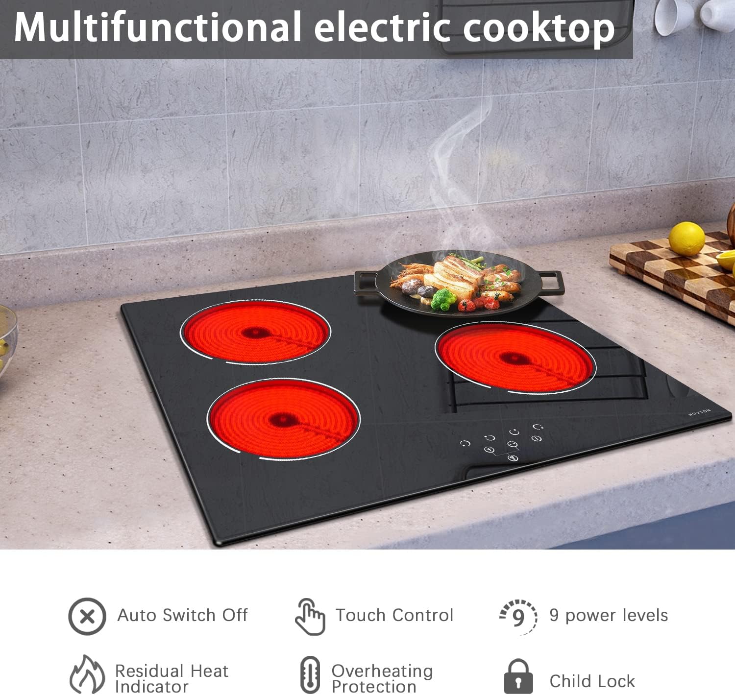 Noxton 24 Inch Electric Cooktop 4 Burners Electric Stove, Built-in Ceramic Cooktop with Touch Control Child Lock Timer Easy To Clean with Hard Wire 6000W 240V - Image 2