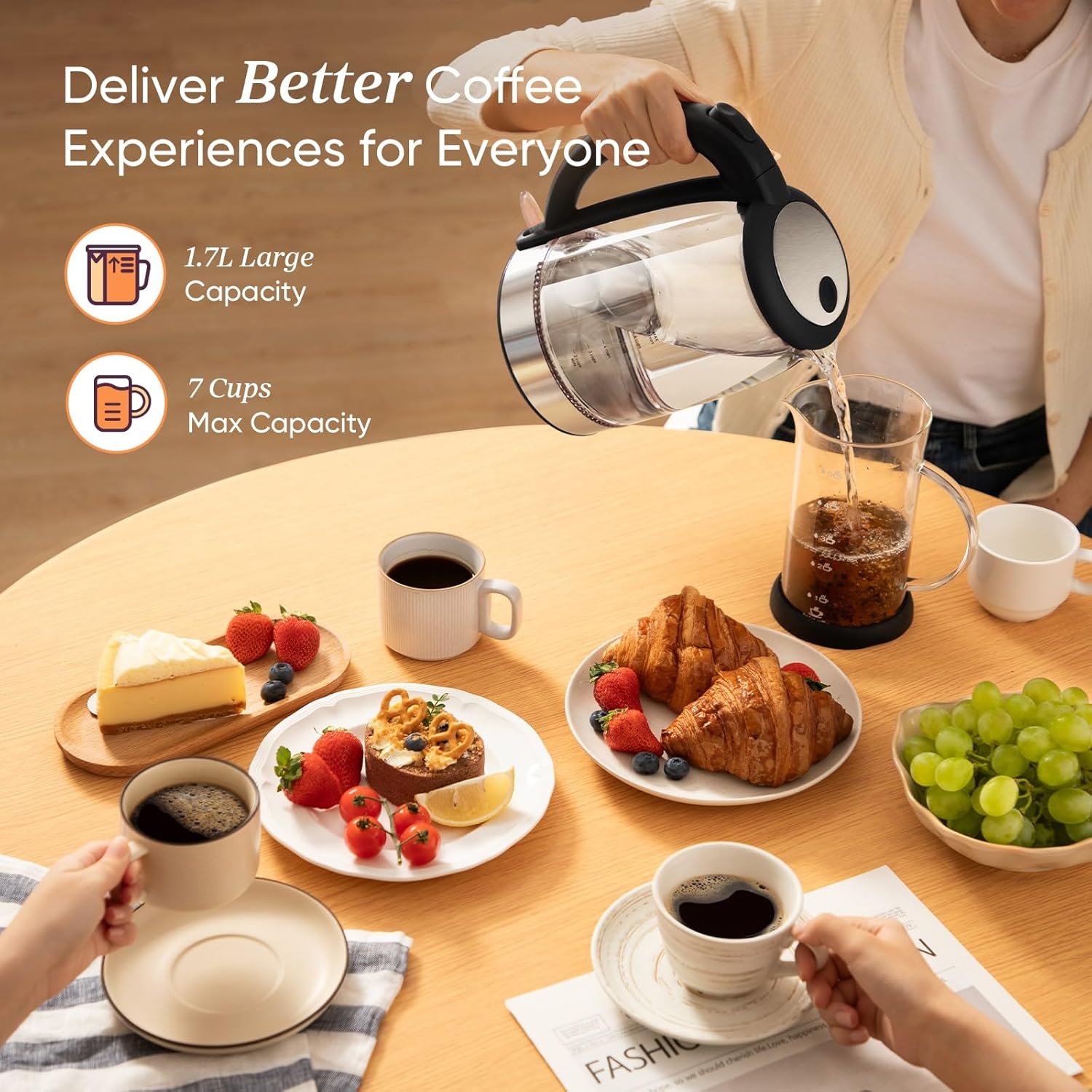 Cosori Electric Kettle, No Plastic Filter & Spout, 1.8Qt Tea Kettle & Hot Water Boiler For Coffee & Tea, Water Heater & Teapot, Automatic Shut Off, Borosilicate glass, Black, 1500W - Image 5