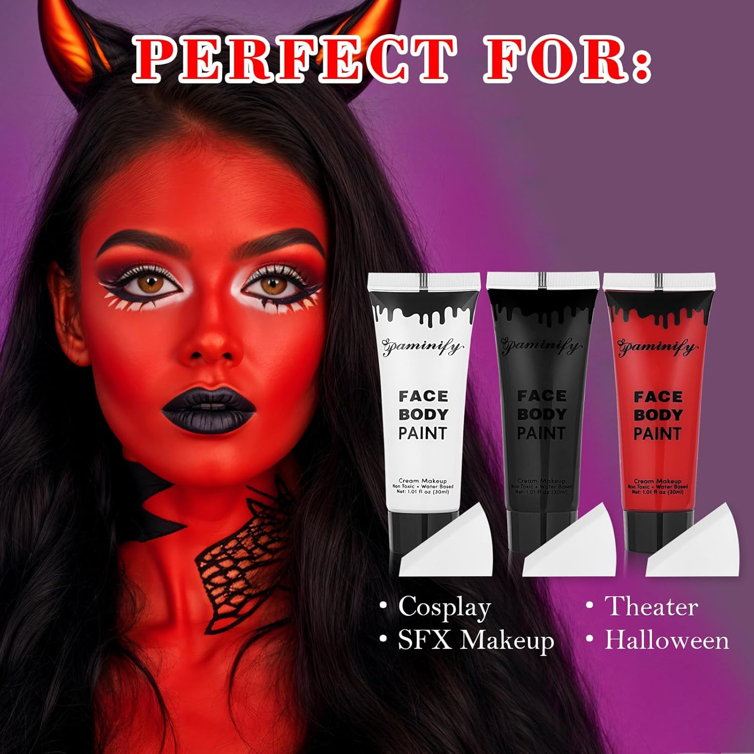 Black White Red Face Body Paint 1.01 oz/pc with 3 Sponges,Water Based Face Paint Kit for Clown Joker Devil Vampire Skeleton Cosplay Makeup,Halloween SFX Makeup Cream Face Painting,3.03 oz - Image 5