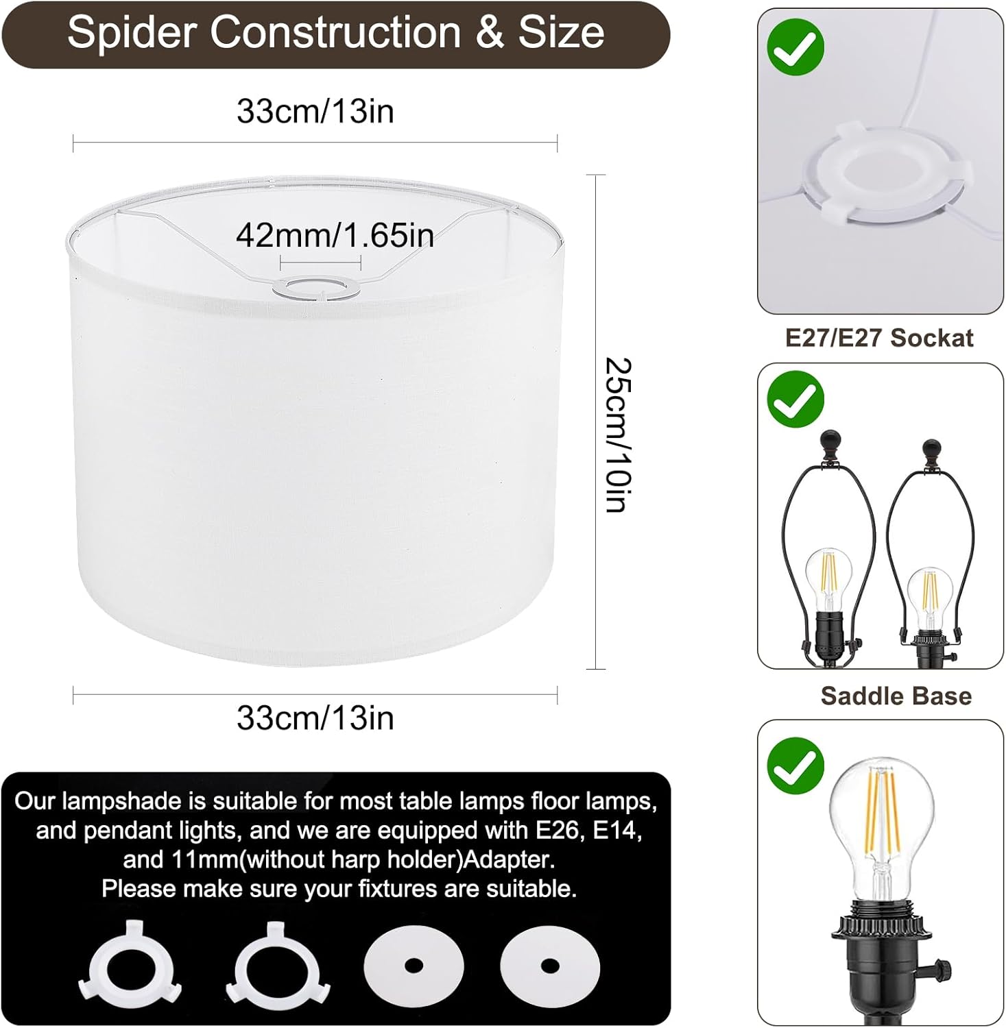 White Lamp Shades Set of 2, Drum Lampshades 13" Top x 13" Bottom x 10" High (Spider), Replacement Lamp Shades Natural Linen Hand Crafted for Table Lamps Floor Lamps Pendent Light, Assembly Required - Image 3