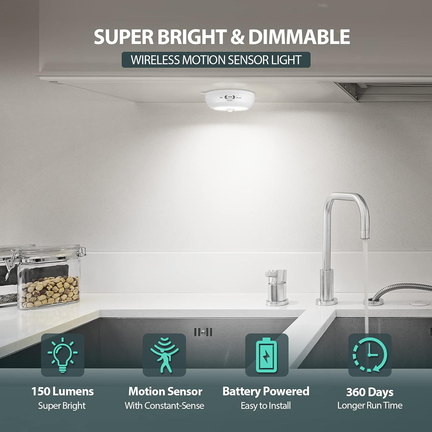 BLS Motion Sensor Light Indoor, LED Night Light Closet Lights, Under Cabinet Battery Powered Ceiling Lights, AA Battery Operated Stick on Wireless Puck Lights for Wall, Step, Stair, Dimmable (3 Pack) - Image 2