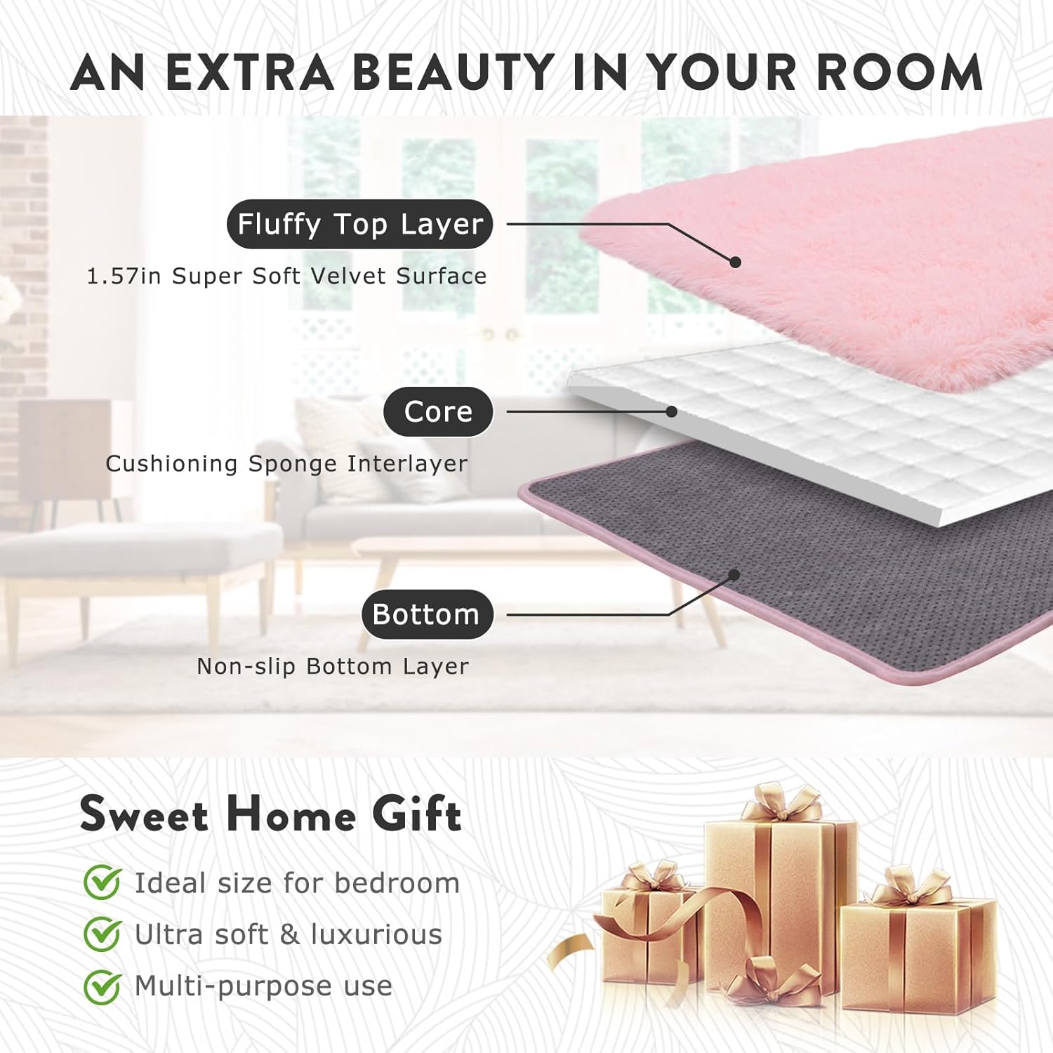 Fluffy Pink Rug for Bedroom Girls, 5x7 Soft Fuzzy Plush Shag Area Rug for Living Room, Cute Comfy Throw Rug for Kids, Non-Slip Indoor Shaggy Floor Carpet for Nursery Teen Dorms Home Decor Aesthetic - Image 7
