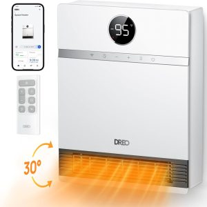 Dreo Smart Wall Heater, IP24 Electric PTC Space Heaters for Indoor Use, 30° Oscillation, Adjustable Thermostat, Remote Control, Works with Alexa, 24H Timer, Easy-mounted for Bedroom, Office, Home