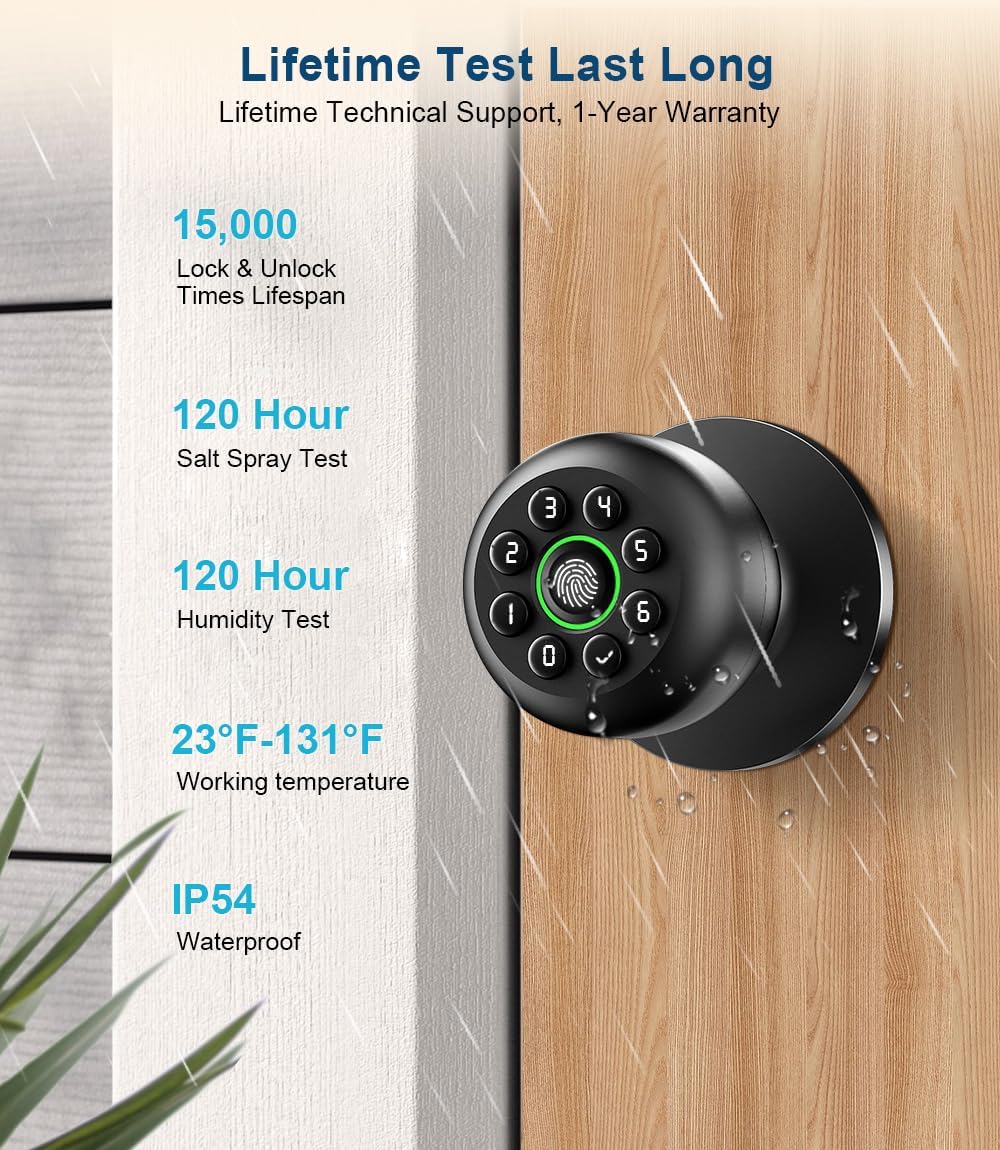 Fingerprint Door Lock, Smart Fingerprint Door Knob with Keypad, Biometric Door knobs with App Control, Auto Lock Door Lock with Code, Keyless Door Knob with Locks for Bedroom, Home,Office-Matte Black - Image 7