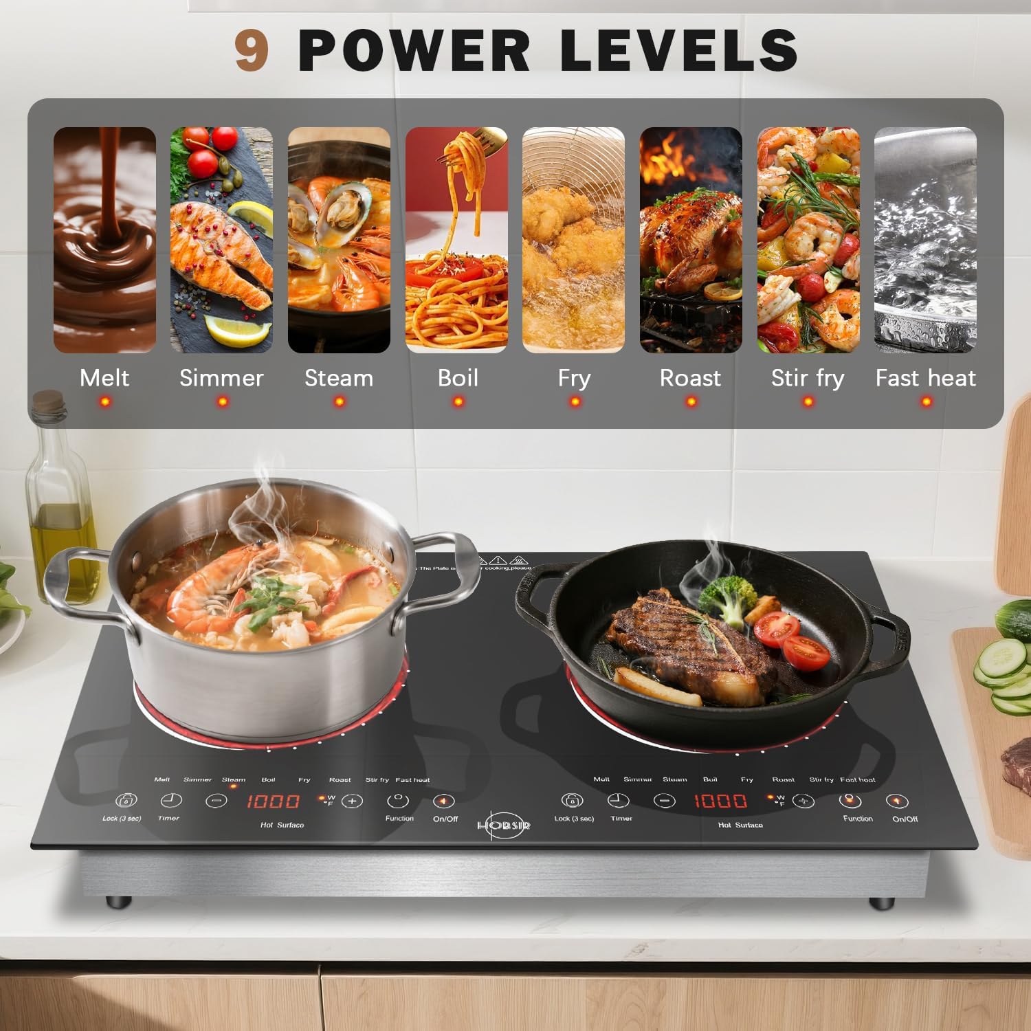 Hobsir 2 Burner Electric Cooktop 110v, 2000W, Electric Stove Top Burner, 24 Inch Countertop and Built-in Hot Plate Stove with Plug, LED Touch, Menu, Safety Lock for Kitchen Apartment RV Camp Stoves - Image 2