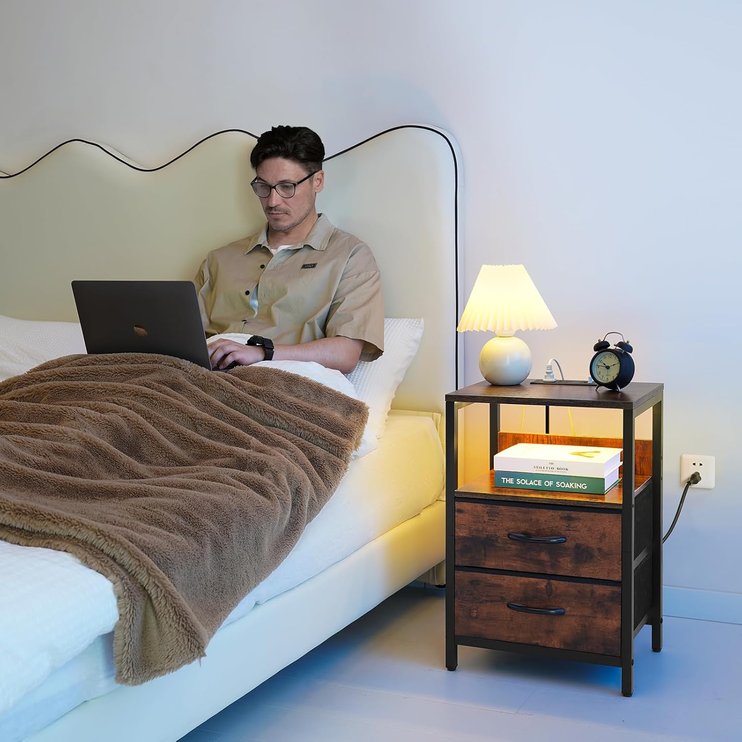 Yoobure Nightstand with Charging Station, LED Night Stand with Fabric Drawers and Storage Shelf for Bedroom, Nightstands Bedside Tables with USB Ports & Outlets, Small Night Stands, Bed Side Table - Image 2