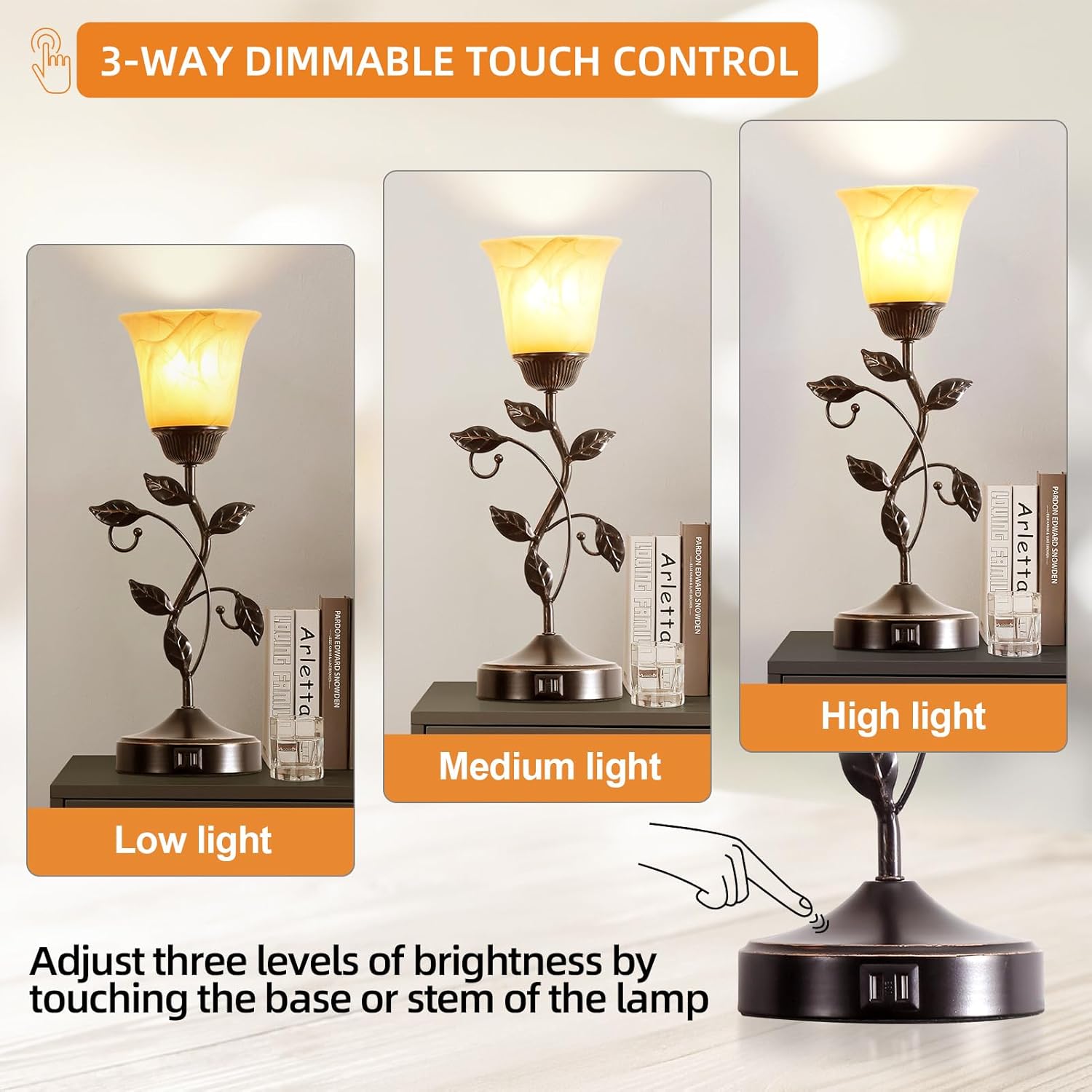 Touch Control Table Lamp with 2 USB Charging Ports, 3-Way Dimmable Bedside Nightstand Lamps, Amber Glass Shade Vintage Rural Leaf Lamp for Living Room, Bedroom, Dresser, LED Bulb Included (Bronze) - Image 4
