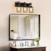 IZORRO Farmhouse Bathroom Vanity Light, 3-Light Wood Bathroom Light Fixtures Over Mirror, Black Industrial Vanity Lights with Metal Shade, Rustic Restroom Lighting Fixtures - Image 2