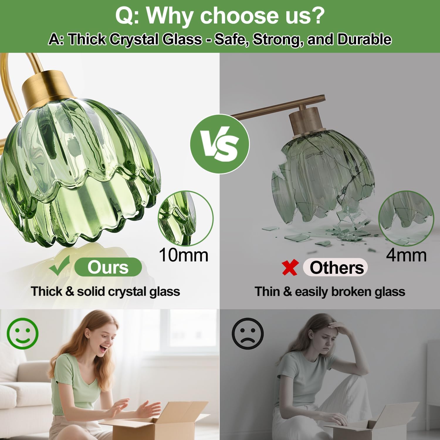 Bathroom Light Fixtures (3-Light, 20 in), Brushed Gold Vanity Lights for Bathroom with Ribbed Green Tulip Glass Shade, Vintage Vanity Wall Lights for Mirror Bedroom Living Room Hallway - Image 5