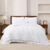 Andency White Ruffle Comforter Set King, Shabby Chic Farmhouse Bedding Comforter, Soft Lightweight Fluffy Microfiber Bet Set All Season 3 Pieces Solid Comforter Set - Image 5