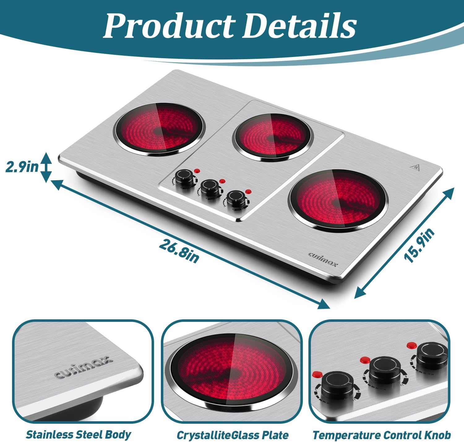 Cusimax Hot Plate Electric,Countertop Infrared Triple Burner with 7″Ceramic Glass Cooktop,Electric Hot Plate for Cooking,11 Level Temperature Setting - Image 5